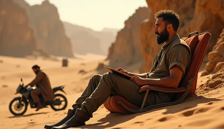 Close-up of a man in a desert procrastinating important tasks and enjoying on the other hand in the same scene in the same environment a man working as a merchant, Close-up of a man in a desert procrastinating important tasks and enjoying on the other hand...