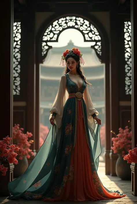 A woman in a blue and white dress with flowers in her hair, hanfu, palace, girl in hanfu, blue hanfu, white hanfu, wearing ancient Chinese costume, ((beautiful fantasy queen)), ancient Chinese princess, Chinese style, traditional Chinese clothing, ancient ...