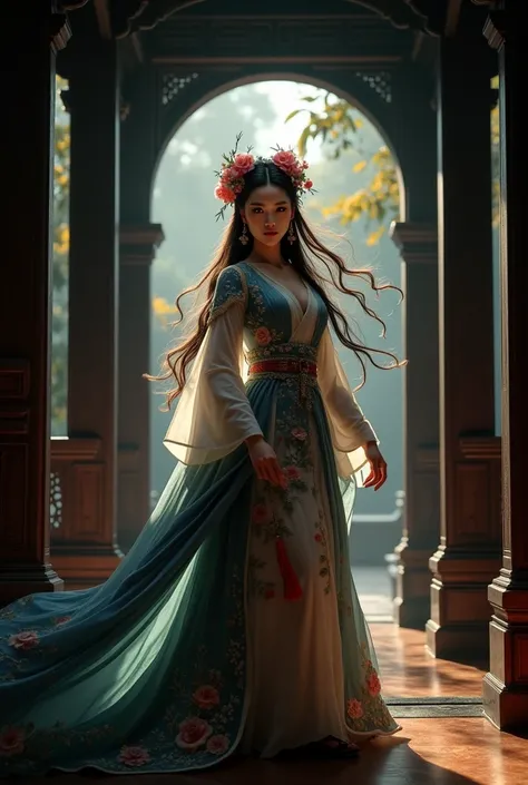 A woman in a blue and white dress with flowers in her hair, hanfu, palace, girl in hanfu, blue hanfu, white hanfu, wearing ancient Chinese costume, ((beautiful fantasy queen)), ancient Chinese princess, Chinese style, traditional Chinese clothing, ancient ...