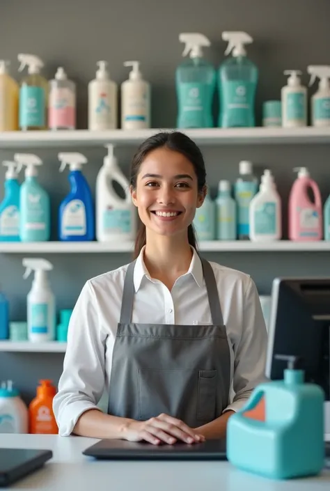 Create a woman working at a cash register in a cleaning supply store with a gray wall behind her 