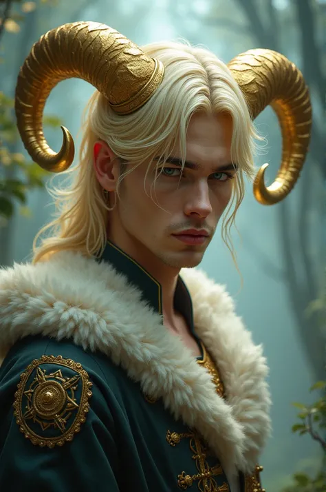 Man with blond hair and gray eyes and golden horns 