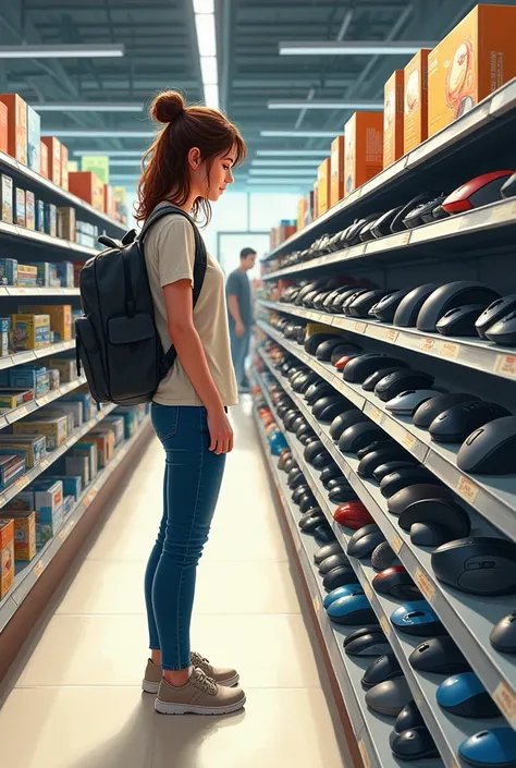 Drawing of a young full body woman in the supermarket comparing computer mice in the technology area on a shelf

