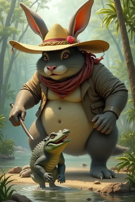 Big rabbit wearing a straw hat trying to kill a small, weak alligator
