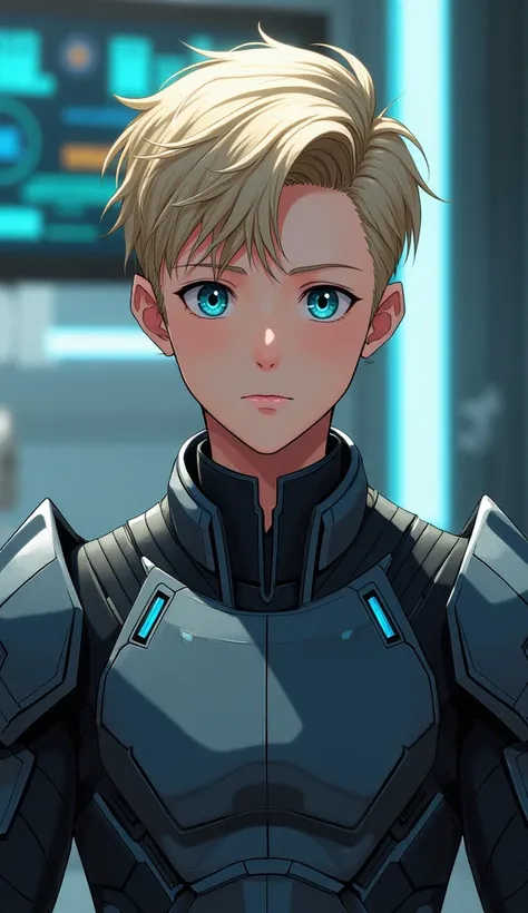 Handsome 1 young man, short blonde hair, clear blue eyes, dark gray metallic bonded cyber armor, innocent looking, in a lab, Masterpiece artwork, precise, High details, anime styling, 3D rendering, conceptual artwork, gazing at viewer, hyperdetailed, hyper...