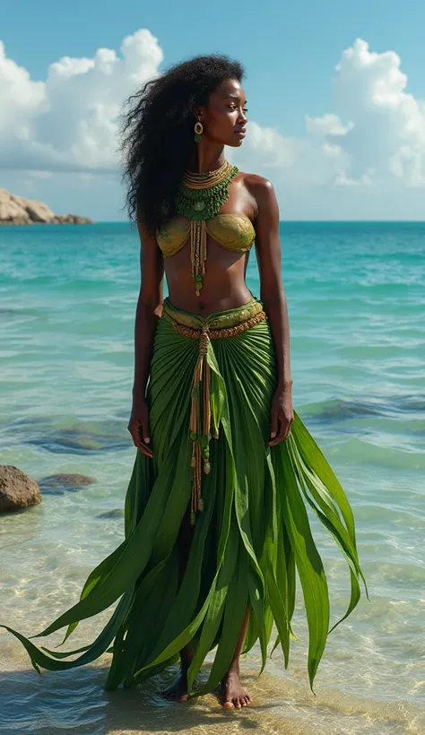 A beautiful black native woman dreessed in a skirt made from leaves standing on a low tide reef