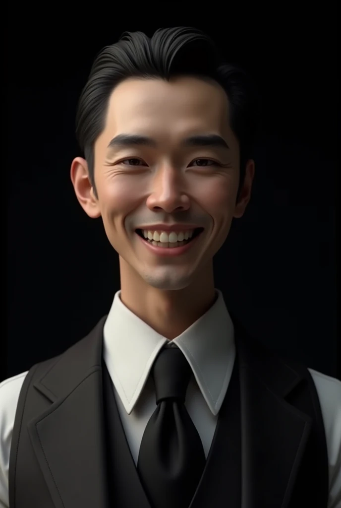 Businessman，1800s、30s、male、Japanese、Black Background，British style，gentleman、I won&#39;t show my face、Close up from the mouth down、Long face、smile、Hide your face，Refreshing impression、Retro，The tie is black、Simple vest、Don&#39;t show your eyes、Slicked back...