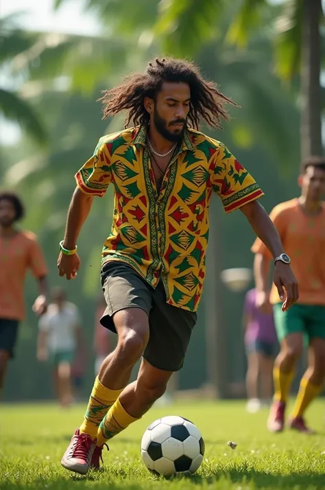 Hippie playing soccer in a Jamaican shirt with a cigarette in his mouth 