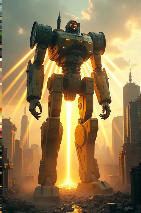 A giant camera-headed robot with yellow laser beams destroys the city