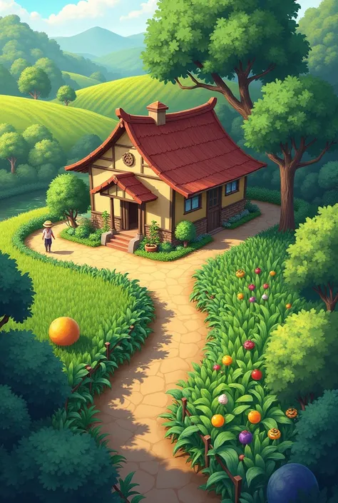 ((Best quality)),((masterpiece)),(detailed) a rural home set in the middle of a vegetables field, papaya tree on the east, mango tree, west, stram on north, big tree on south