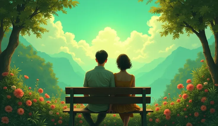 a couple sitting on a bench, holding hands, watching a beautiful view ,detailed portrait of the couple, intricate details of their faces, beautiful green sky, vibrant colors, lush garden with flowers in the foreground, highly detailed, photorealistic, 8k, ...