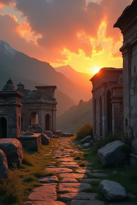 Generate photos of sunsets casting a warm glow on the ancient ruins of [kashmir]