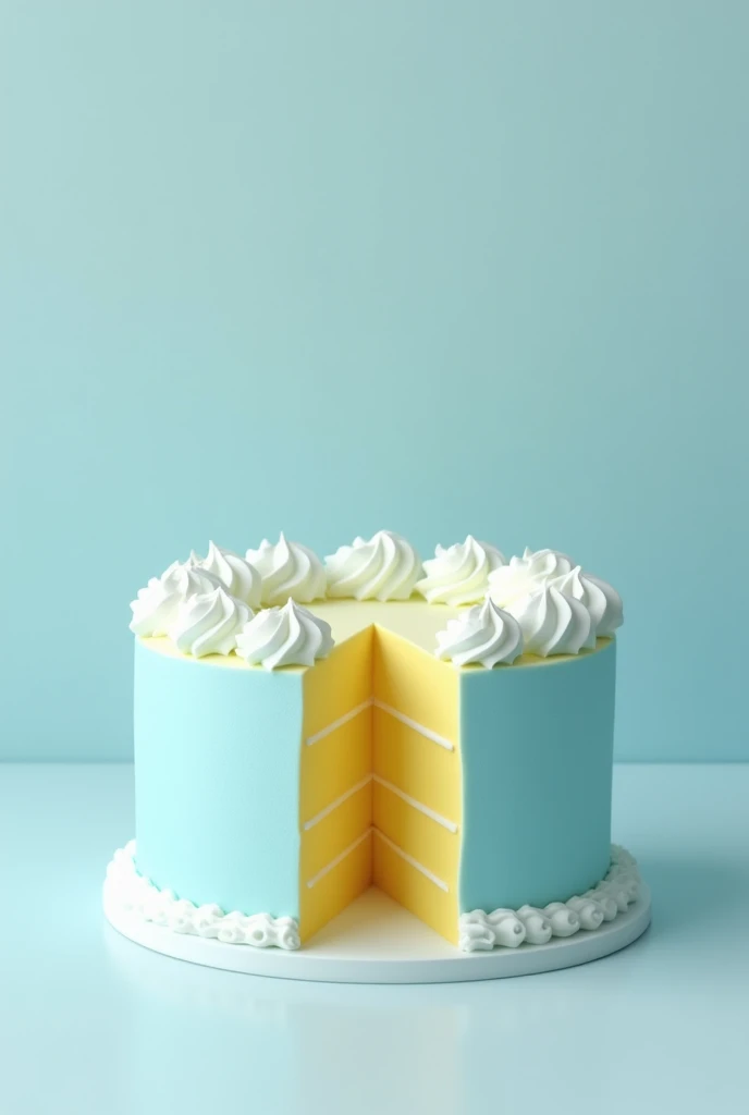 Pastel blue cake in the middle with a yellow divider in the middle 