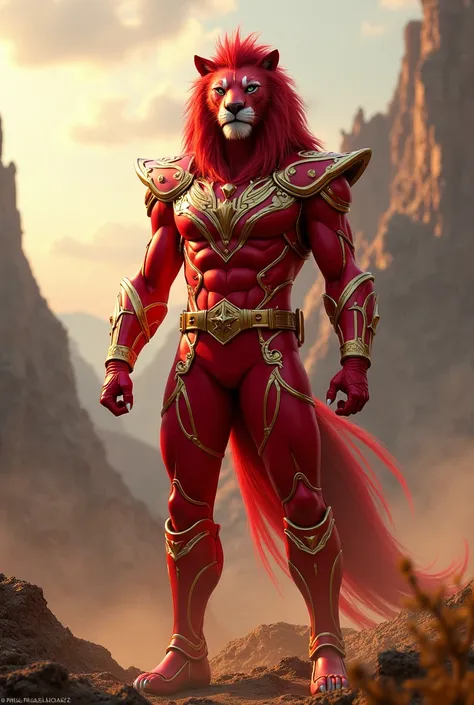 Red Power Ranger inspired by a lion full body detailed in gold