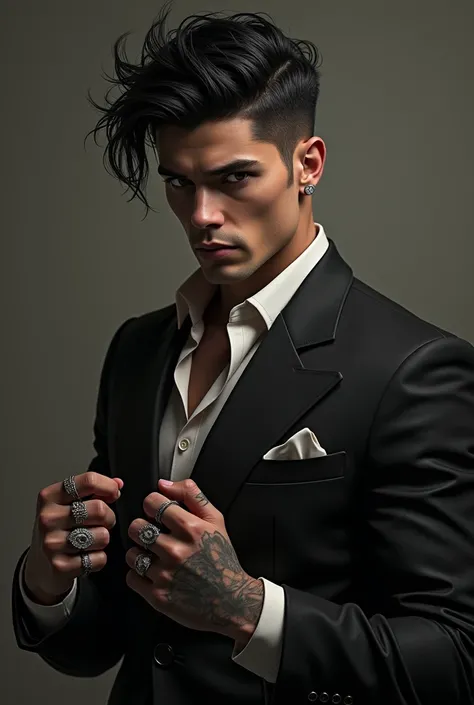 A man, high, that they are dressed in suits, with rings and tattoos, make it muscular, of beautiful features, black-haired and black-eyed, unruly hair, with soft features but a dominant look, young age 