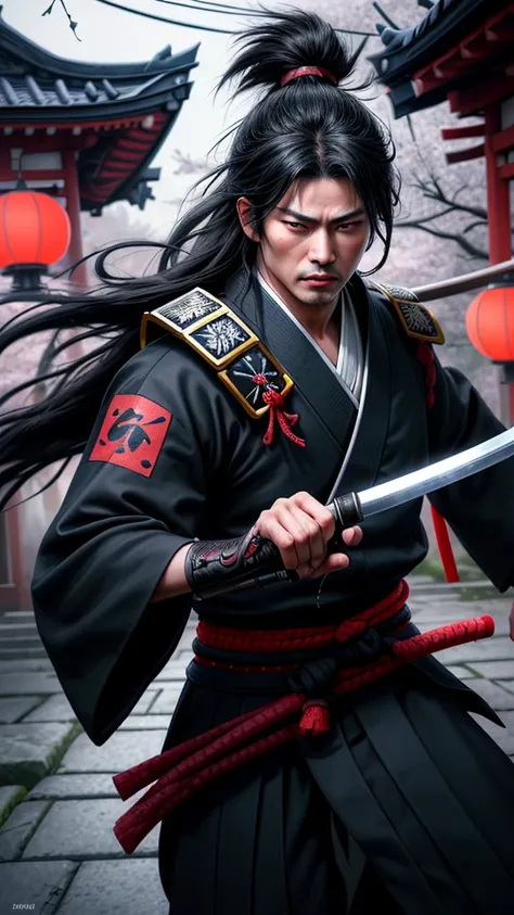 1man,japanese samurai warrior,toshizo hijikata,shinsengumi vice-commander,serious intense expression,long flowing jet black hair,dark blue black samurai outfit,haori with white mountain stripes,holding katana in battle pose,evening kyoto street scene,tradi...