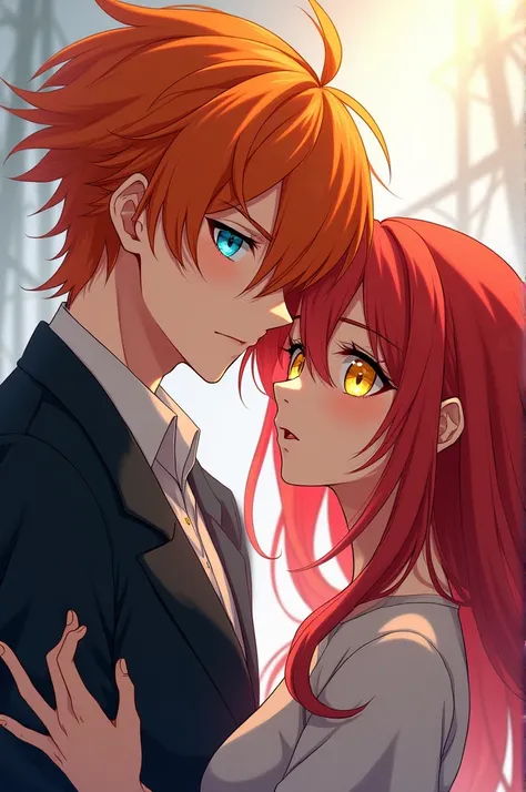 Create an anime style couple, the man will have orange-red hair and blue eyes, The woman, on the other hand,, will have reddish red hair and yellow eyes