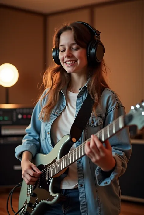 arafed  with headphones playing a guitar in a recording studio, the  plays the guitar, playing guitar, girl wearing headphones, playing the guitar, playing electric guitar, playing a guitar, dreamy rock girl, music is life, teen playing guitar, holding a s...