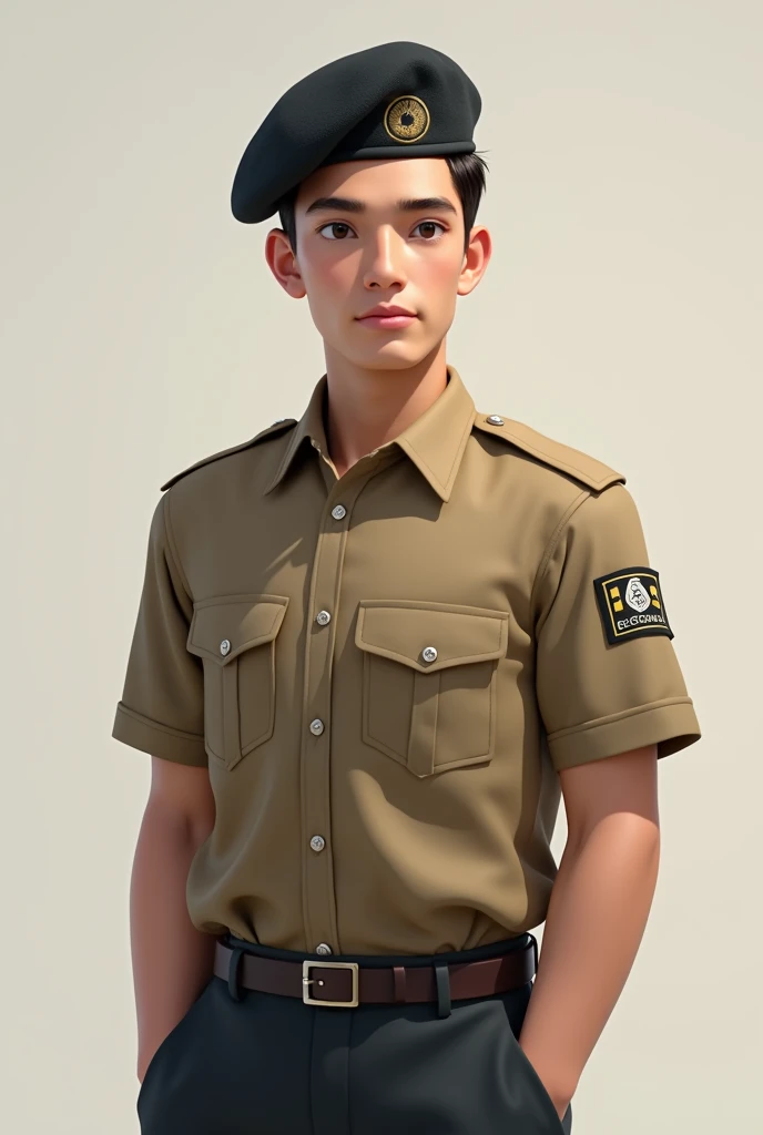 Generate me an image of a military student in a khaki shirt, lead trousers and black beret, that the logo of the school called Ecugenius appears on the right side of the shirt 