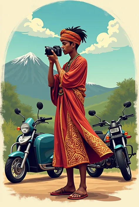 Make a logo for youtube which includes a young man with camera in nature with car and motorcycle in kandahari clothes