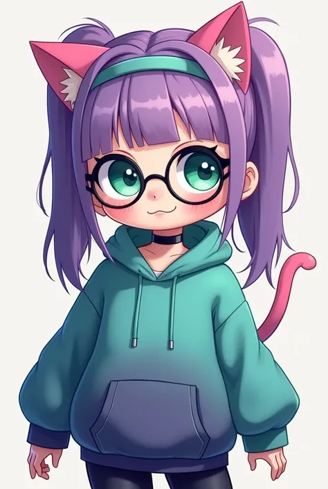 A single cartoon-style character with the following characteristics: light skin tone, long purple hair styled in two high pigtails with bangs. The character is wearing a teal and dark blue gradient hoodie with a front pocket and long sleeves, along with da...