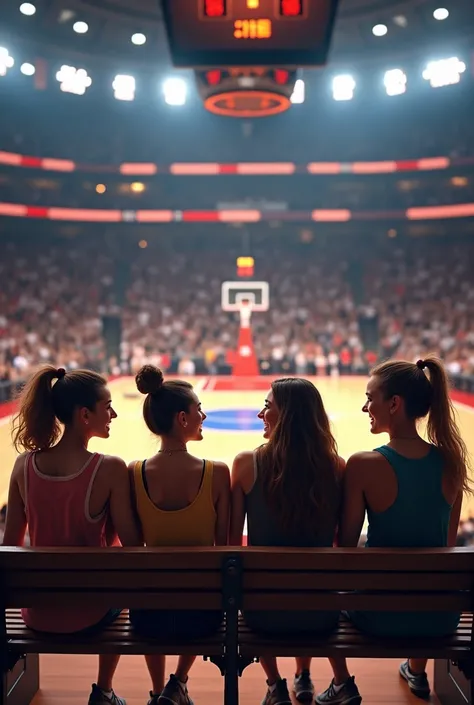 A group of friends 3 women and 3 men sitting on a bench in a basketball stadium