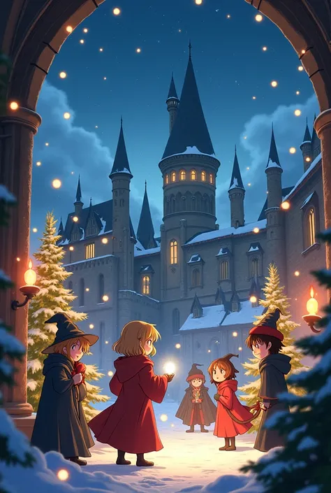 Harry Potter magic characters at Christmas in anime