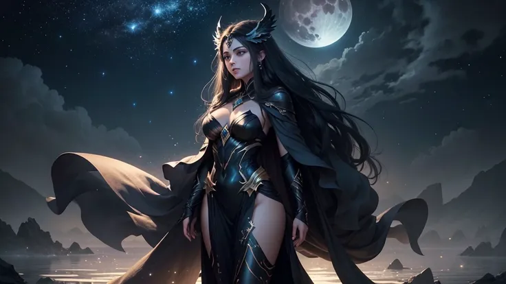 Create an image of Nyx, the primordial goddess of the night from Greek mythology. Depict Nyx as a majestic and ethereal figure, with flowing, dark robes that seem to blend seamlessly into the night sky. Her skin should be pale, almost luminescent, contrast...