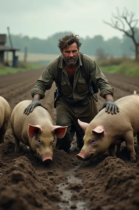 Man working in mud with pigs
