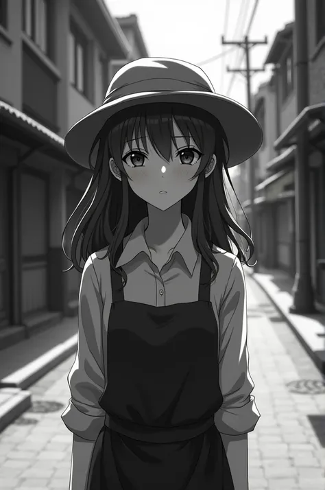 Create a black and white anime style image of a white skinned woman ,a delicate face with soft features,with long brown hair, that fall in waves, wearing a black apron and a white shirt and wearing a gray hat looking tired and bored walking on an empty str...