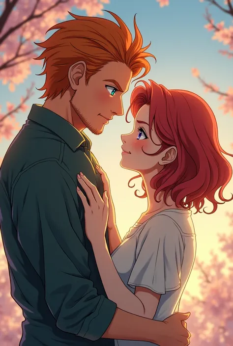 Create an anime style couple, they are older, the man will have orange-red hair and blue eyes, The woman, on the other hand,, will have reddish red hair and purple eyes