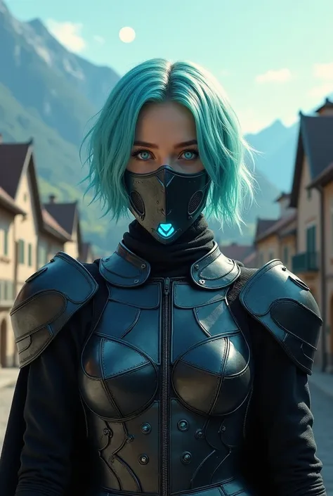 centered, upper body, award winning upper body portrait, (detailed face), (beautiful detailed eyes:1.2), (glowinig eyes:1.2), (aura:1.1), | solo, knight woman, short hair, aqua hair color, light blue eyes, (black cyberskull armour), (iron plate mouth mask:...