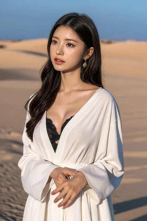 ((largebreast)),Generate a high-resolution close-up shot of a woman standing atop a sand dune during early morning twilight in the desert. The focus is on her serene face and upper body, highlighting the soft texture of her long, flowing white silk robe as...