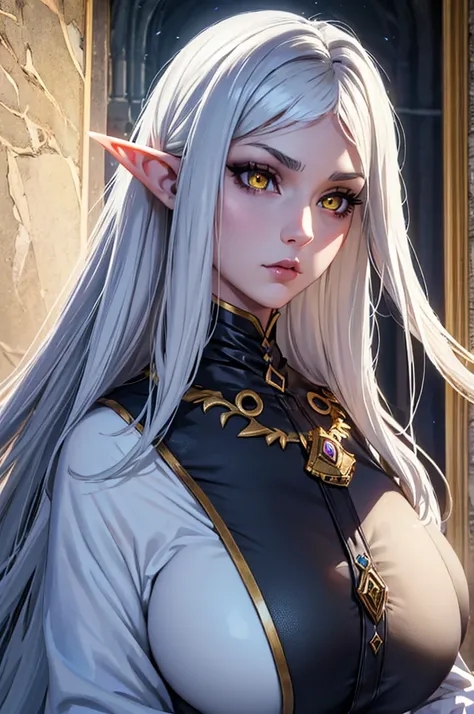 Female Dark Elf, 1 girl, 20 year old woman, masterpiece, Elf Queen, lover, Goddess, realist, long white hair, white eyebrow, yellow eyes, thin lips, round face, huge breasts, realist shading, soft lightning, HdR, 8k, absurd, high quality, crazy detail, bod...