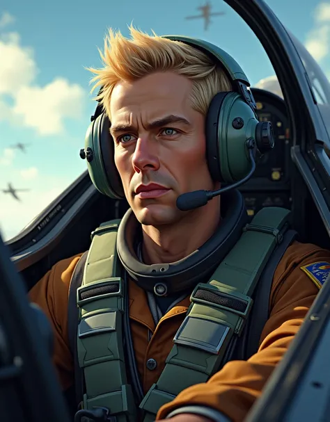 A cinematic photorealistic color digital painting of the Blond Hair French Air Force Fighting Pilot Lieutenant Laverdure on the jet fighter plane cockpit, insanely detailed and intricate, crisp sharp and clear, volumetric lighting, ultra-high resolution, m...