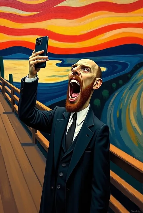 realistic image of the painting the scream, taking a selfie