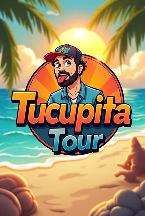 ANIMATED ROCKER LOGO IN A CIRCLE OF A SUN WITH THE CAP BACKWARDS , STICKING OUT THE TONGUE WITH THE SEA BACKGROUND ,SAND AND PALM TREES With titles in circles TUCUPITA TOUR