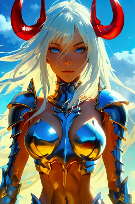 -High quality- -masterpiece- A beautiful woman, very cute, with long white hair, blue eyes that shine, giant breasts, very tall, red horns, big butt, marked body, high curves, white skin, wearing a bib of metal, metal armor pants, holding a small sun in hi...