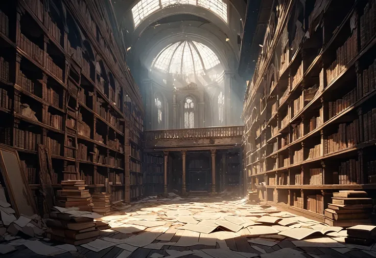 A vast, abandoned library filled with towering shelves of dust-covered books, each one bound in cracked leather. The air is thick with the scent of aged paper and damp wood, as the ceiling above has partially collapsed, allowing a few stray beams of moonli...