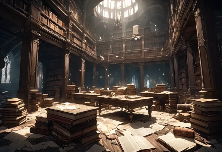 A vast, abandoned library filled with towering shelves of dust-covered books, each one bound in cracked leather. The air is thick with the scent of aged paper and damp wood, as the ceiling above has partially collapsed, allowing a few stray beams of moonli...