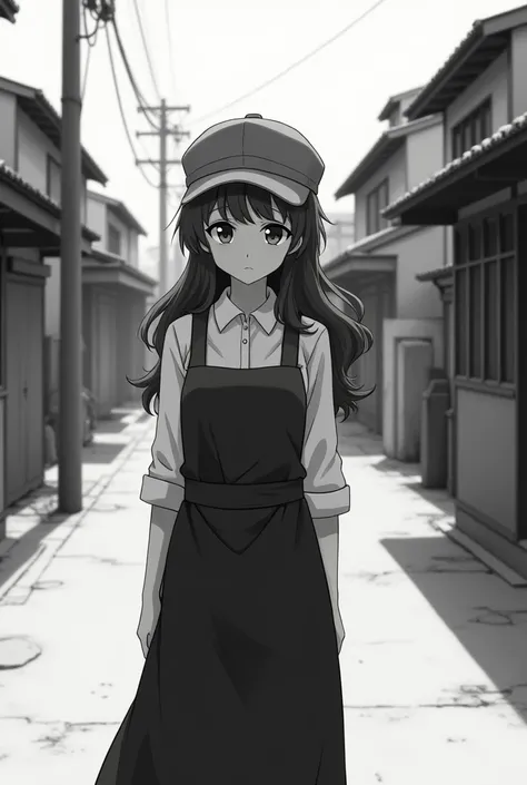 Create a black and white anime style image of a white skinned woman ,a delicate face with soft features,with long brown hair, that fall in waves, wearing a black apron and a white shirt and wearing a gray cap looking tired and bored walking on an empty str...