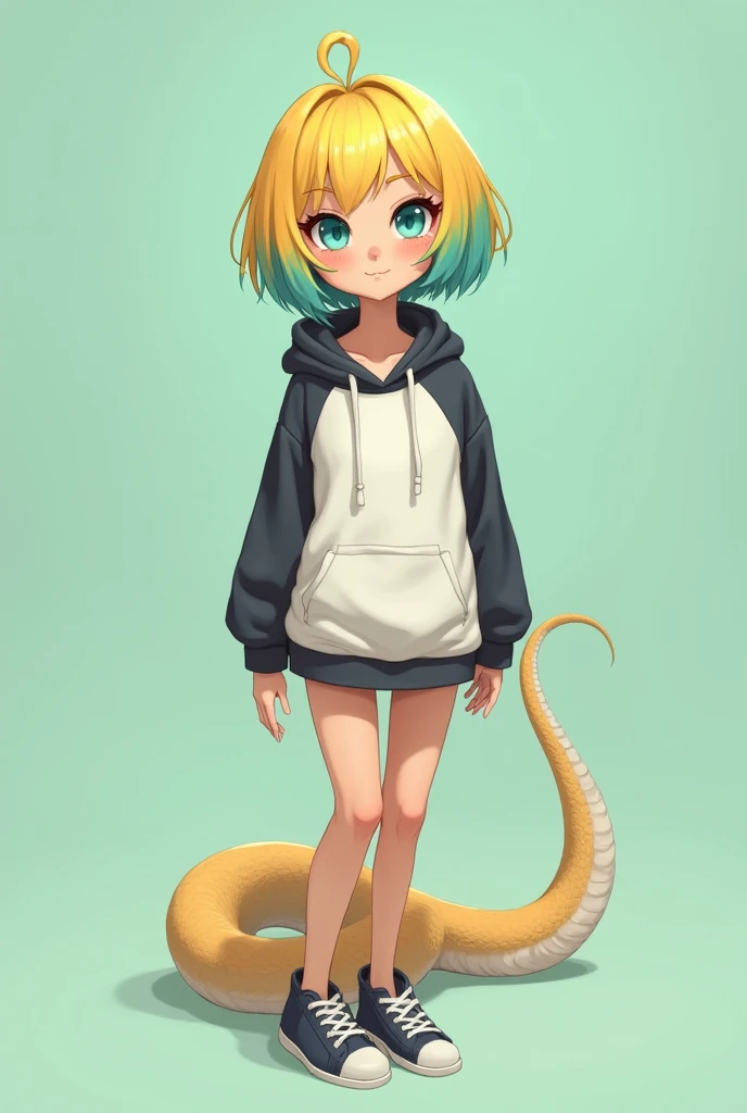 teen girl, no legs, beige snake tail, two toned bright yellow and teal short hair, white and black hoodie, aqua eyes, flat chested, mint color background