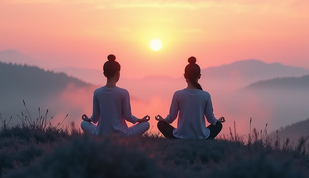 2 serene looking Asian person is sitting in lotus position on top of a hill, with the sky tinged with soft shades of pink and orange at dawn. The sun is beginning to rise over the horizon, softly illuminating the person&#39;s face, who has his eyes closed ...