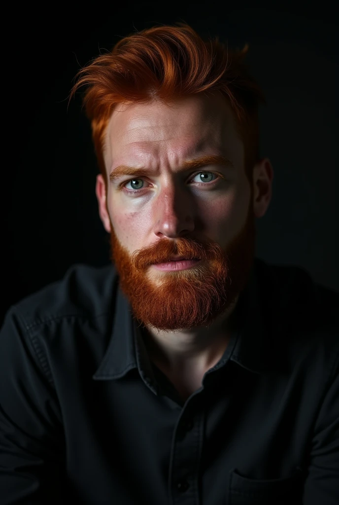 A man with red hair and beard, with a calm face and it would be in a black room 