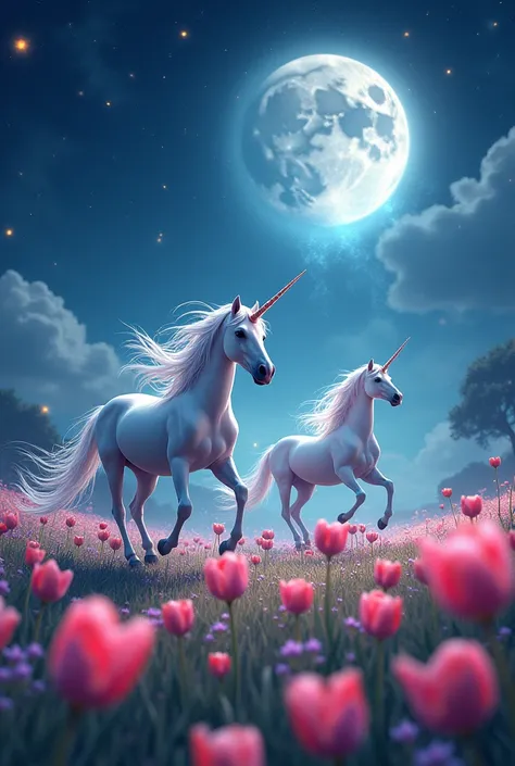 Generate a fantasy image with a Moon, stars, unicorns and tulips 