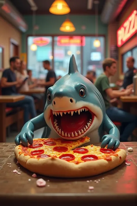 2-foot shark eating at a pizzeria