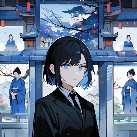 (work of art, best qualityer, ultra-high resolution),1 girl,shorth hair,Bblack hair,Black Suit,in a Japanese temple, sakura tree, natta , beautiful and detailed face, detailedeyes,((gray and blue theme)), serious eyes