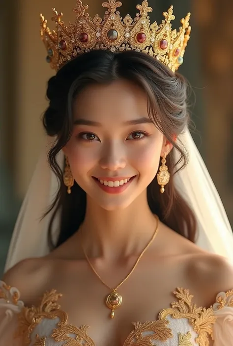 (8k, raw photo, Best Quality, masterpiece:1.2), (realist, photo-realist:1.37), ultra detailed, ultra high resolution, twtzuyu, 1 girl,looking at the viewer,smile, ((wear a crown on your head)), queen, beautiful detailed eyes,  (by the floating), detailed c...