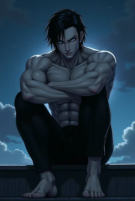 1 man, Imposing Man,Tight black clothing. Shoulder length black hair with only the top part pulled back behind her head. blue eyes. pale white skin. Digital art. Sitting on the edge of a railing with your feet on the floor, bright night with stars, serene ...