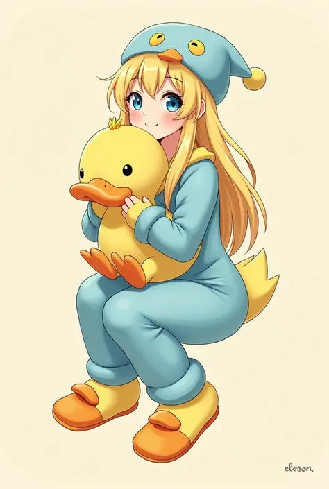 a female character, with long light yellow hair , blue eyes,Duck stuffed animal in hand,duck cap, a light blue and yellow duck jumper, duck slippers, and be an adult.
