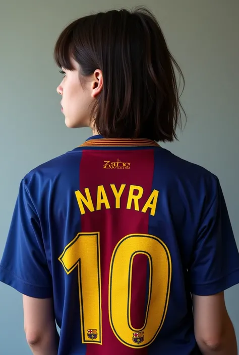 Image of a girl from behind  , with Barcelona number 10 shirt , with the name of nayra , semi short hair to shoulder length 
